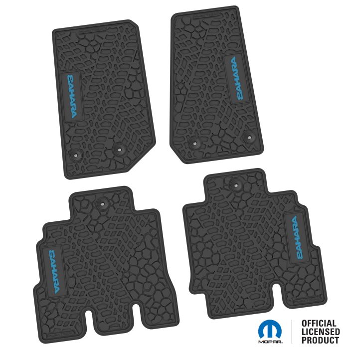 14-18 Jeep JKU 4 Dr Front and Rear -Tire Tread/Scorched Earth Scene w/ Sahara Insert - Black w/ Light Blue Insert
