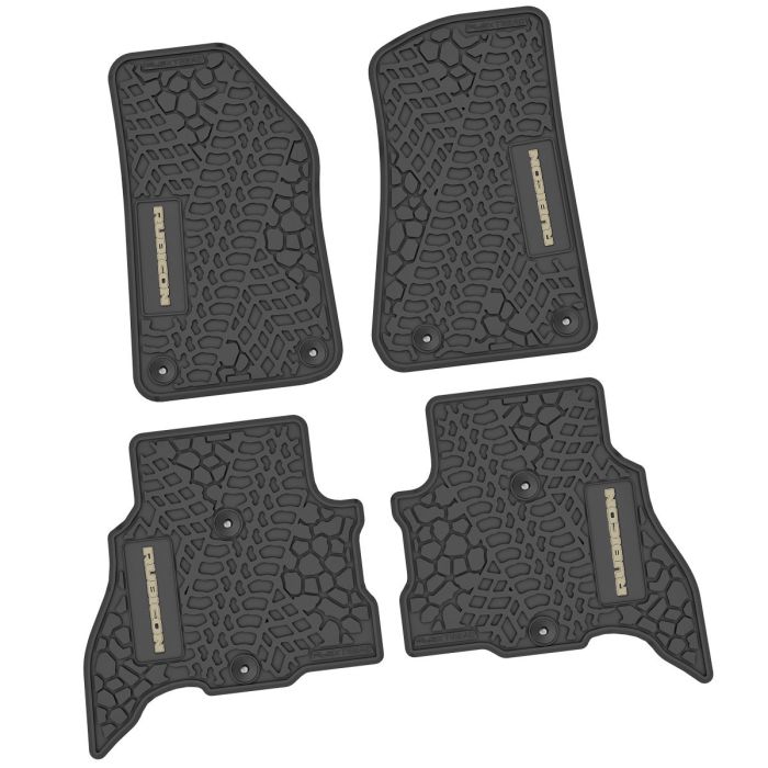 FlexTread  Tire Tread/Scorched Earth Scene Front & Rear Liners with RUBICON Logo for 21-24 Jeep Wrangler JL Unlimited 4xe