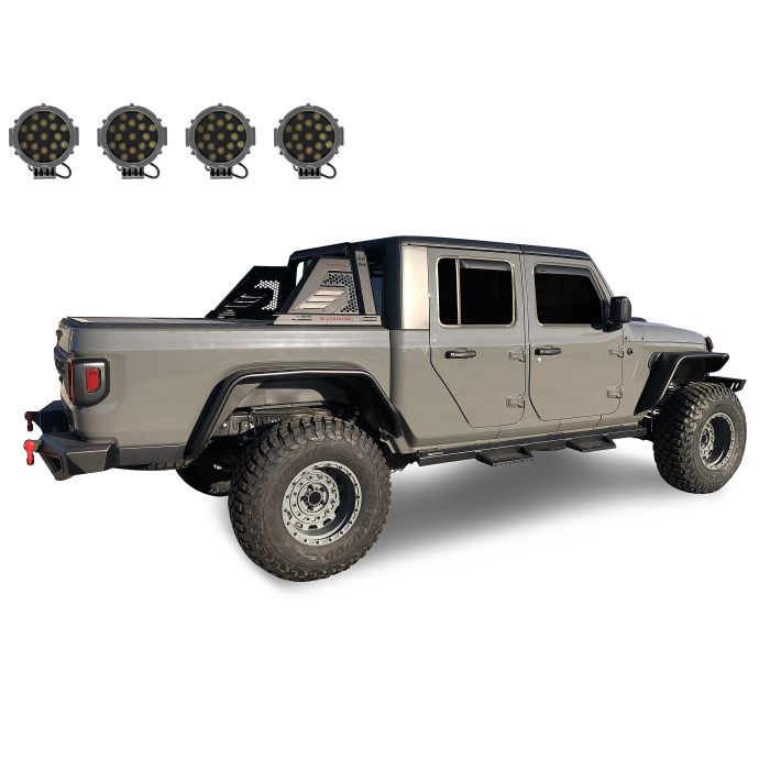 Black Horse Armour II Roll Bar Kit Black & set of 5.3 Black Round Flood LED Lights 20-23 JT