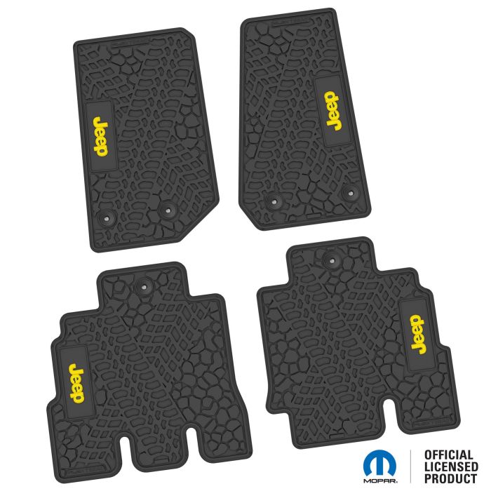 14-18 Jeep JKU 4 Dr Front and Rear -Tire Tread/Scorched Earth Scene w/ JEEP Insert - Black w/ Yellow Insert