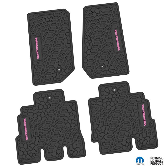 07-13 Jeep JKU 4 Dr Front and Rear -Tire Tread/Scorched Earth Scene w/ Wrangler Insert - Black w/ Pink Insert