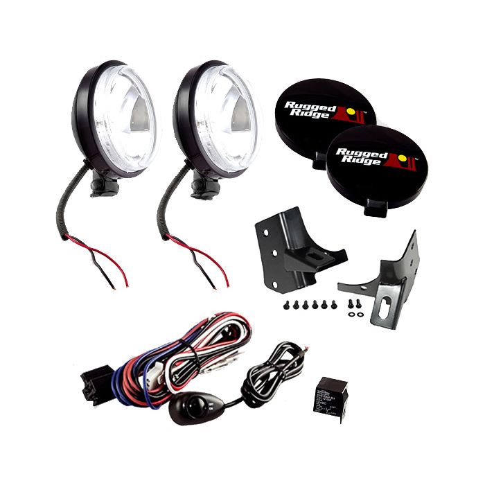 Rugged Ridge 12495.06 5 Piece Windshield Light Mount Kit with Slim Fog Lights in Black for 97-06 Jeep Wrangler TJ & Unlimited TJ