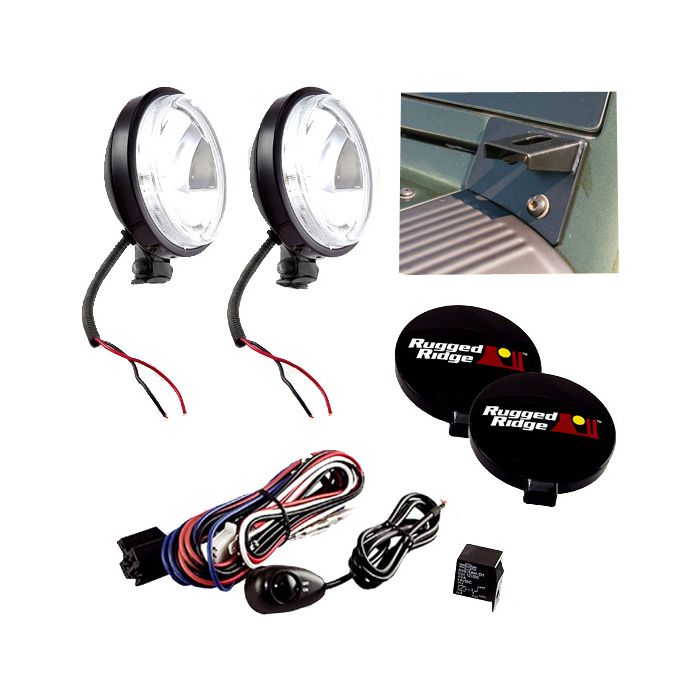 Rugged Ridge 12496.04 5 Piece Windshield Light Mount Kit with Slim Fog Lights in Black for 07-18 Jeep Wrangler JK