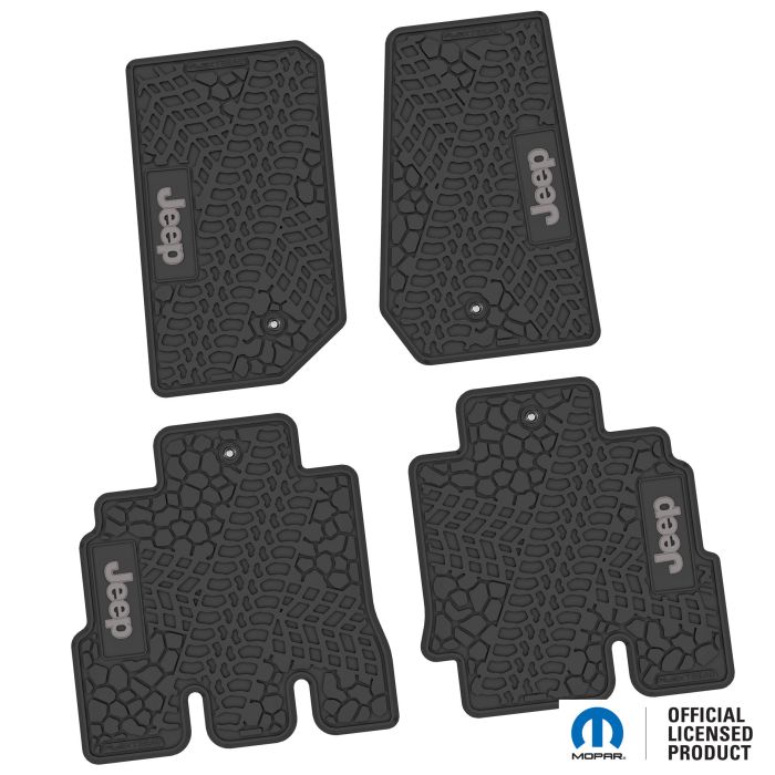 07-13 Jeep JKU 4 Dr Front and Rear -Tire Tread/Scorched Earth Scene w/ JEEP Insert - Black w/ Silver Insert