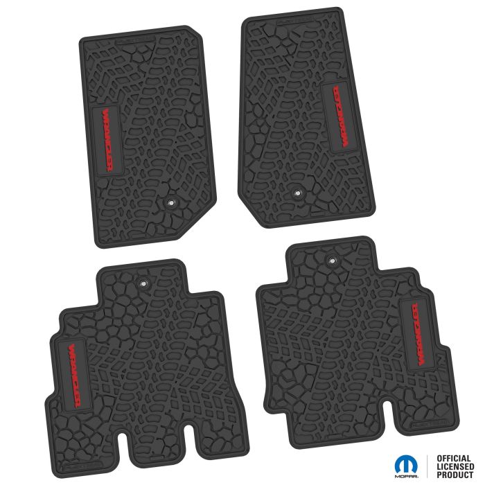 07-13 Jeep JKU 4 Dr Front and Rear -Tire Tread/Scorched Earth Scene w/ Wrangler Insert - Black w/ Red Insert