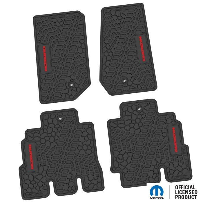 07-13 Jeep JKU 4 Dr Front and Rear -Tire Tread/Scorched Earth Scene w/ Rubicon Insert - Black w/ Red Insert