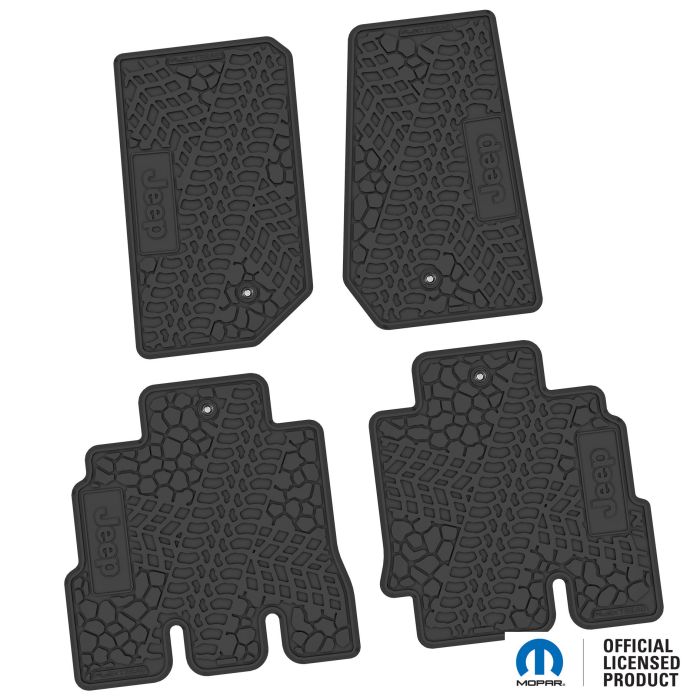 FlexTread  Tire Tread/Scorched Earth Scene Front & Rear Floor Liners with JEEP Insert for 07-18 Jeep Wrangler JK Unlimited 4-Door
