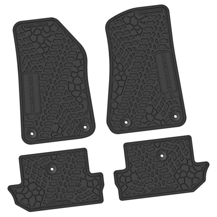 FlexTread  Tire Tread/Scorched Earth Scene Front & Rear Floor Liners with RUBICON Logo for 18-24 Jeep Wrangler JL 2-Door