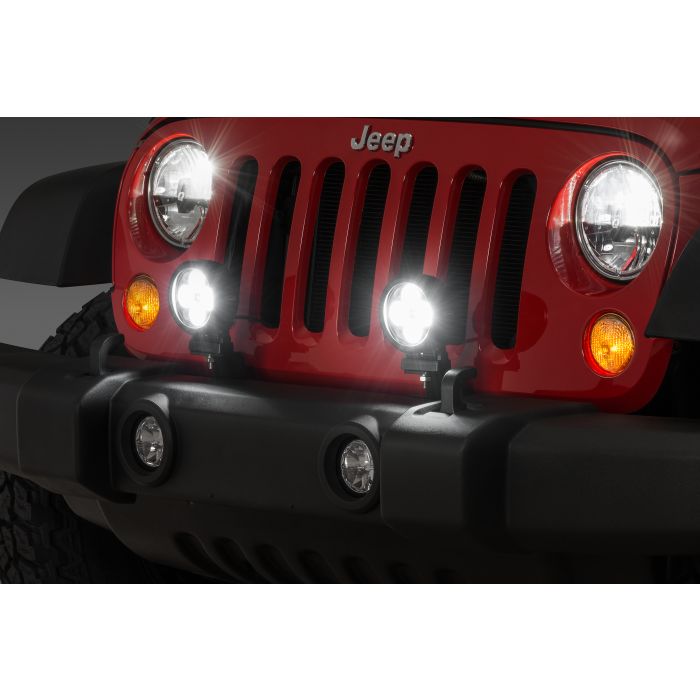 Quadratec  4" Round LED Lights with Wiring Harness & Grille Mount Brackets for 07-18 Jeep Wrangler JK
