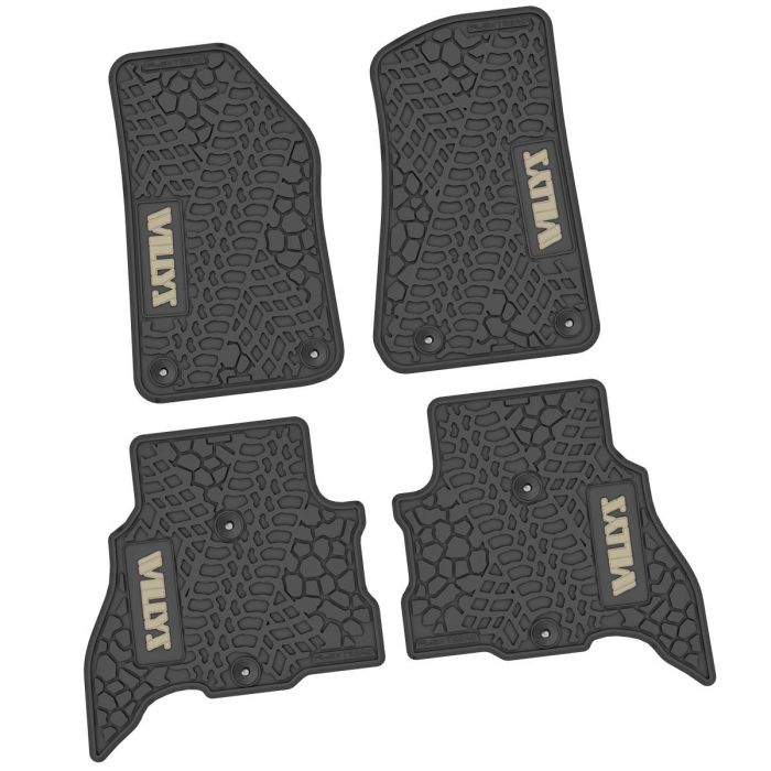 FlexTread  Tire Tread/Scorched Earth Scene Front & Rear Floor Liners with WILLYS Insert for 21-24 Jeep Wrangler JL Unlimited 4xe