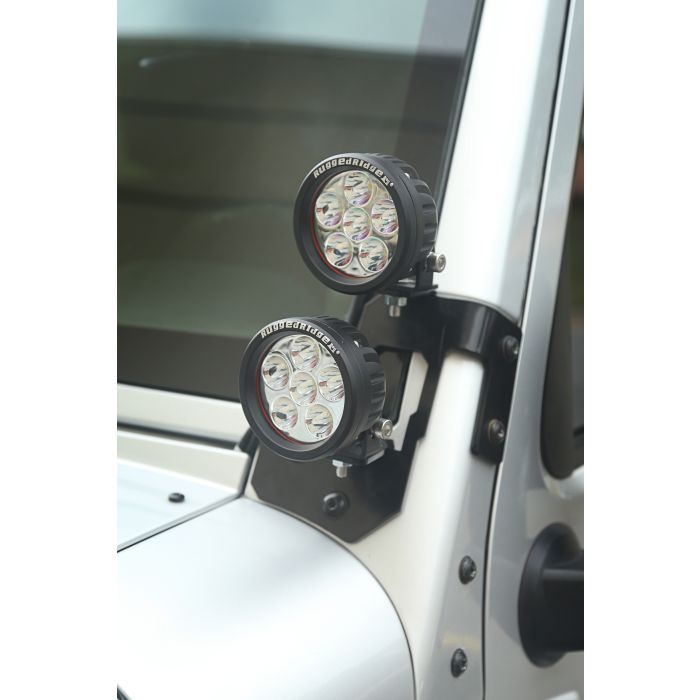Rugged Ridge  Dual A-Pillar Light Mount Kit with 3.5" Round LED Lights for 07-18 Jeep Wrangler JK
