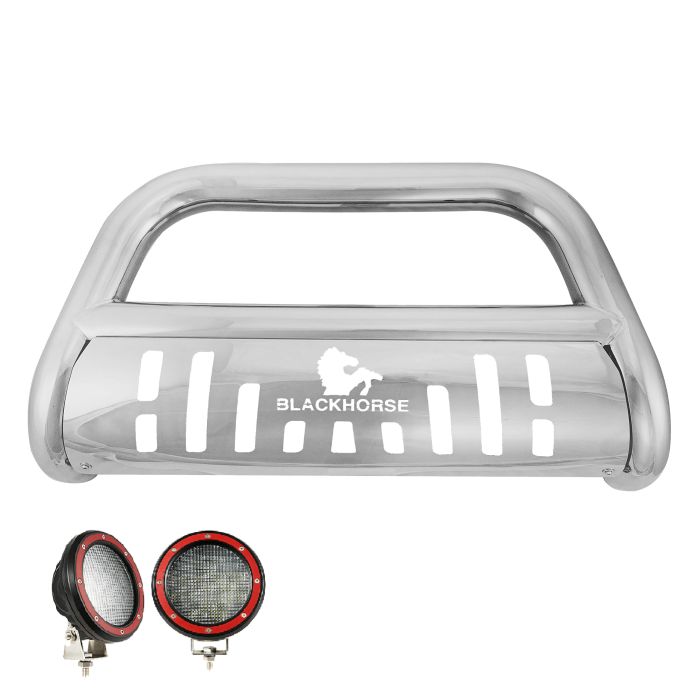 Black Horse Stainless Steel Bull Bar Kit a set of 5.3” Red Round Flood LED Lights 18-23 JL/JT