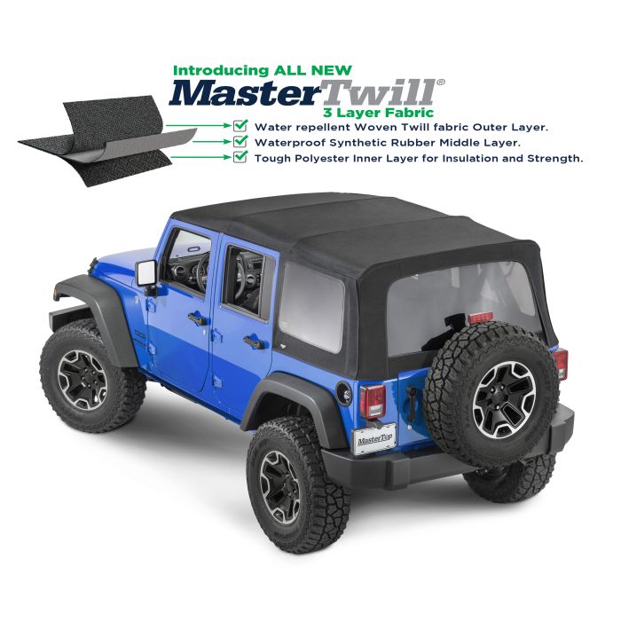MasterTop  Replacement Soft Top with Tinted Windows in MasterTwill® Fabric  for 07-18 Jeep Wrangler JK 4 Door
