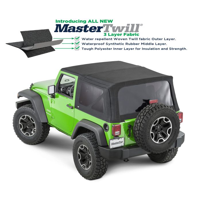 MasterTop  Replacement Soft Top with Tinted Windows in MasterTwill® Fabric for 07-18 Jeep Wrangler JK 2 Door