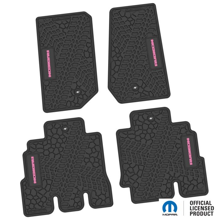 07-13 Jeep JKU 4 Dr Front and Rear -Tire Tread/Scorched Earth Scene w/ Rubicon Insert - Black w/ Pink Insert
