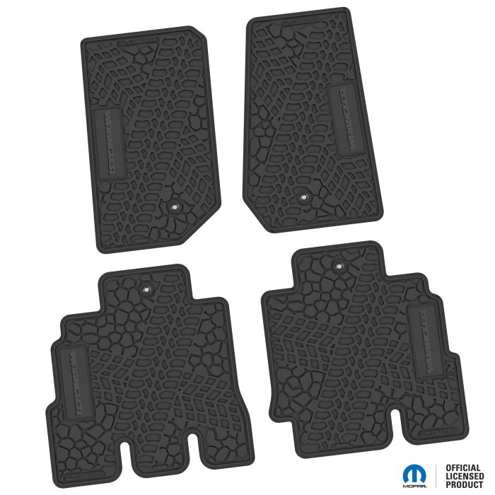 FlexTread  Tire Tread/Scorched Earth Scene Front & Rear Floor Liners with WRANGLER Insert for 07-18 Jeep Wrangler JK Unlimited 4-Door