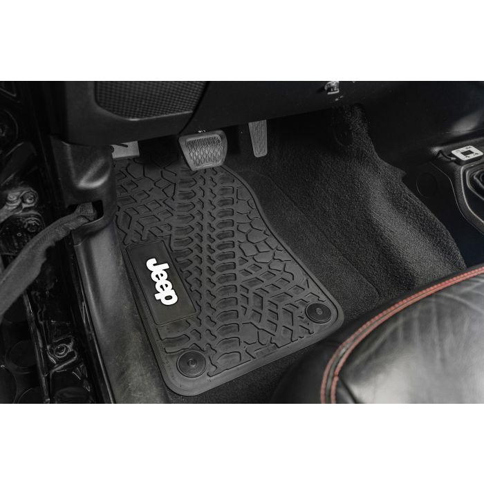 FlexTread  Tire Tread/Scorched Earth Scene Front & Rear Floor Liners with JEEP Logo for 20-24 Jeep Gladiator JT