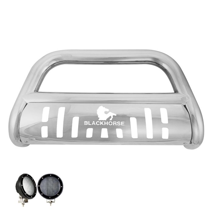 Black Horse Stainless Steel Bull Bar Kit a set of 5.3” Black Round Flood LED Lights 18-23 JL/JT