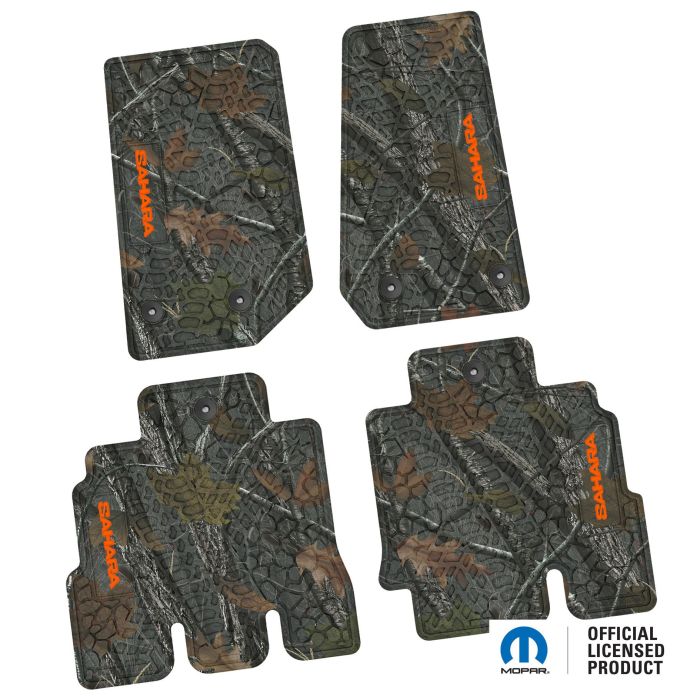 14-18 Jeep JKU 4 Dr Front and Rear -Tire Tread/Scorched Earth Scene w/ Sahara Insert - Rugged Woods w/ Orange insert
