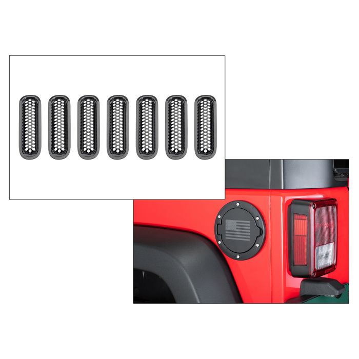 15006 3008 - TACTIK NON-LOCKING FUEL DOOR W/FLAG AND BLACK SNAP ON GRILLE INSERTS JK