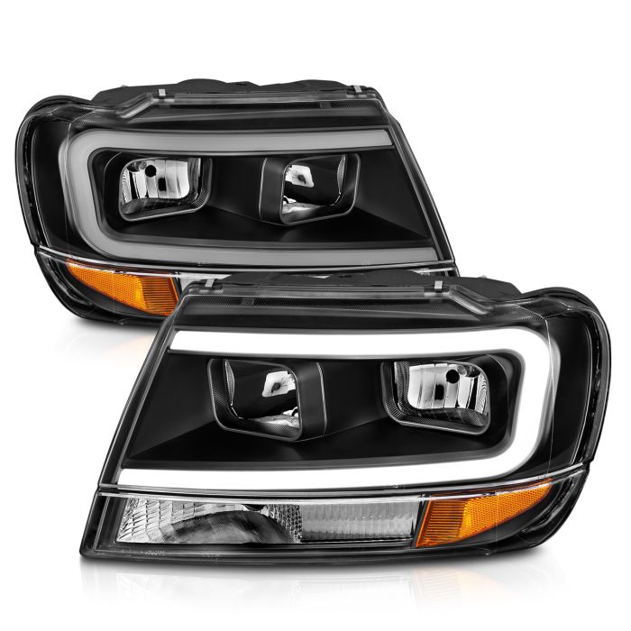 CRYSTAL HEADLIGHTS W/ LIGHT BAR BLACK HOUSING 99-04 GRAND CHEROKEE