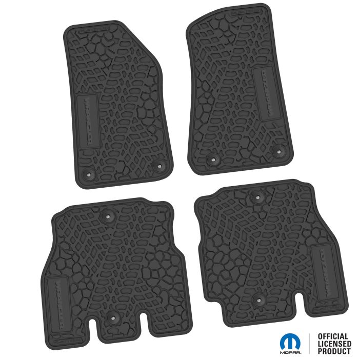 FlexTread  Tire Tread/Scorched Earth Scene Front & Rear Floor Liners with WRANGLER Insert for 18-24 Jeep Wrangler JL Unlimited 4-Door