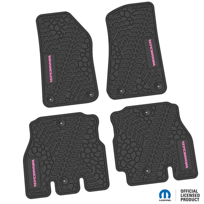 18-24 Jeep JLU 4 Dr Front and Rear -Tire Tread/Scorched Earth Scene w/ Wrangler Insert - Rugged Woods w/ Pink insert