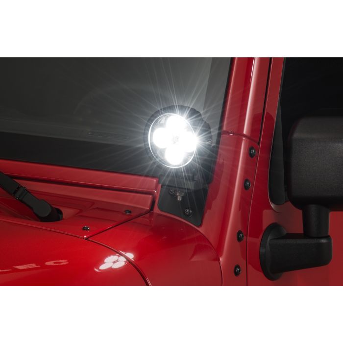 Quadratec  4" Round LED Lights with Wiring Harness & Windshield Mount Brackets for 07-18 Jeep Wrangler JK