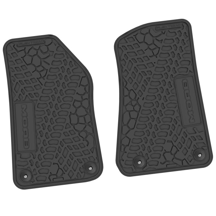FlexTread  Tire Tread/Scorched Earth Scene Front Liners with MOAB Logo for 18-24 Jeep Wrangler JL and Gladiator JT