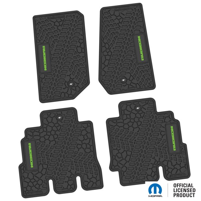07-13 Jeep JKU 4 Dr Front and Rear -Tire Tread/Scorched Earth Scene w/ Rubicon Insert - Black w/ Lime Insert