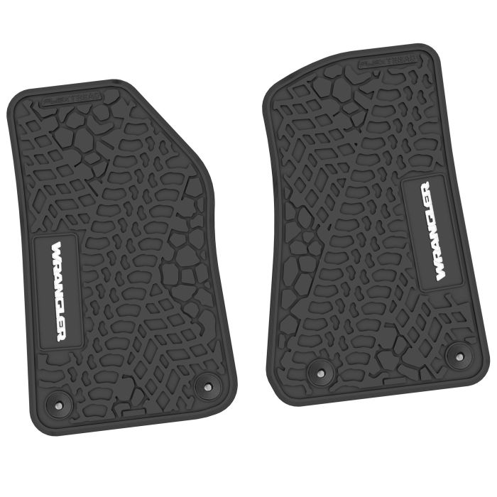 FlexTread  Tire Tread/Scorched Earth Scene Front Liners with WRANGLER Logo for 18-24 Jeep Wrangler JL