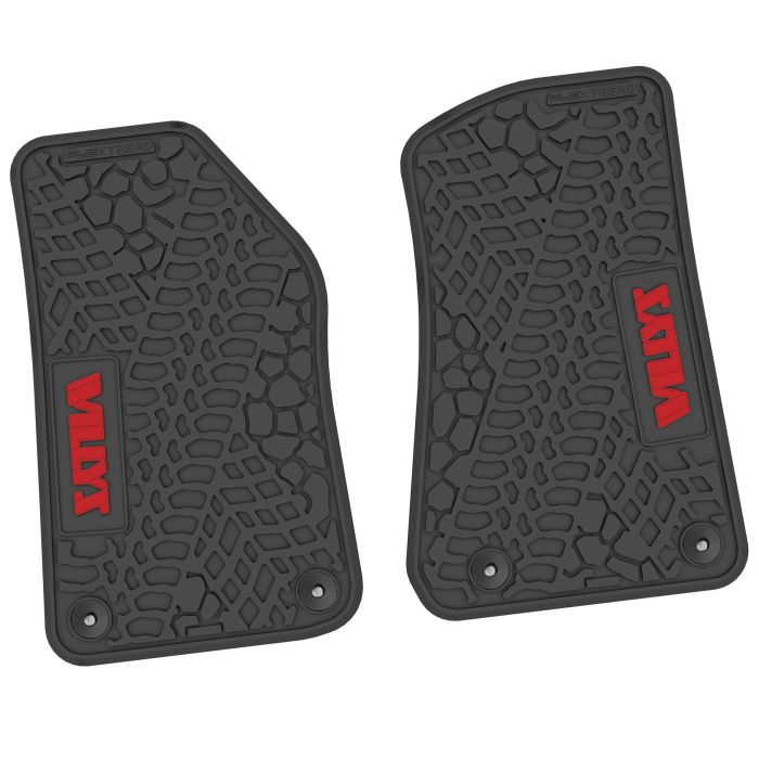 FlexTread  Tire Tread/Scorched Earth Scene Front Liners with WILLYS Logo for 18-24 Jeep Wrangler JL and Gladiator JT