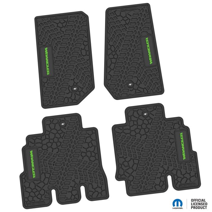 07-13 Jeep JKU 4 Dr Front and Rear -Tire Tread/Scorched Earth Scene w/ Wrangler Insert - Black w/ Lime Insert
