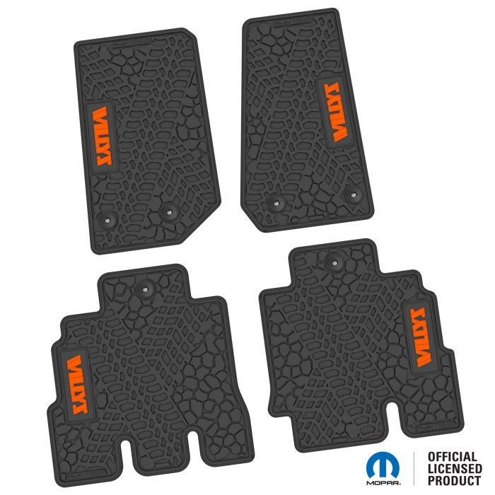 14-18 Jeep JKU 4 Dr Front and Rear -Tire Tread/Scorched Earth Scene w/ Willys Insert - Black w/ Orange Insert