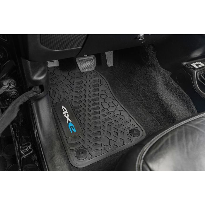 FlexTread  Tire Tread/Scorched Earth Scene Front & Rear Floor Liners with 4XE Logo for 21-24 Jeep Wrangler JL Unlimited 4xe