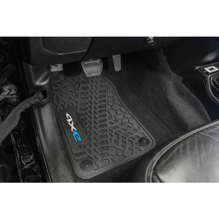 FlexTread  Tire Tread/Scorched Earth Scene Front Liners with 4XE Logo for 18-24 Jeep Wrangler JL