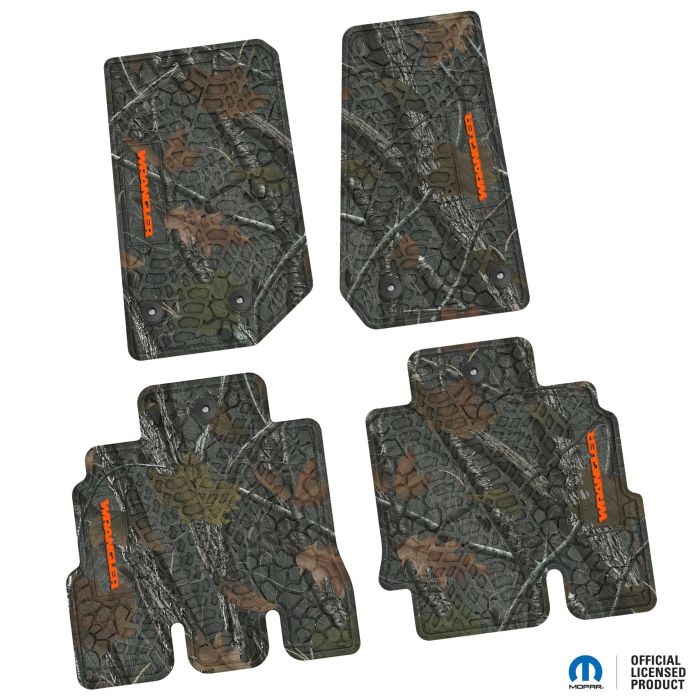 14-18 Jeep JKU 4 Dr Front and Rear -Tire Tread/Scorched Earth Scene w/ Wrangler Insert - Rugged Woods w/ Orange insert