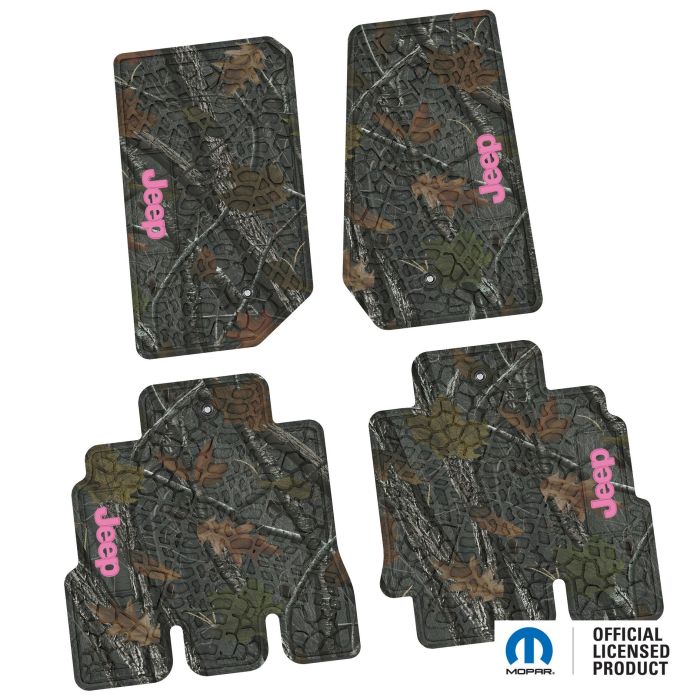 07-13 Jeep JKU 4 Dr Front and Rear -Tire Tread/Scorched Earth Scene w/ JEEP Insert - Rugged Woods w/ Pink insert