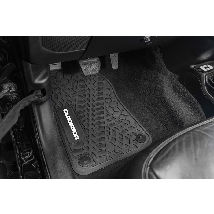 FlexTread  Tire Tread/Scorched Earth Scene Front & Rear Floor Liners with GLADIATOR Logo for 20-24 Jeep Gladiator JT