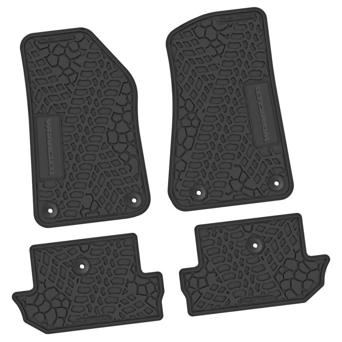 FlexTread  Tire Tread/Scorched Earth Scene Front & Rear Floor Liners with WRANGLER Insert for 18-24 Jeep Wrangler JL 2-Door