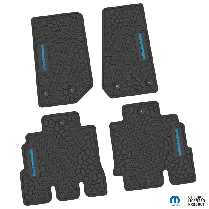 14-18 Jeep JKU 4 Dr Front and Rear -Tire Tread/Scorched Earth Scene w/ Wrangler Insert - Black w/ Light Blue Insert