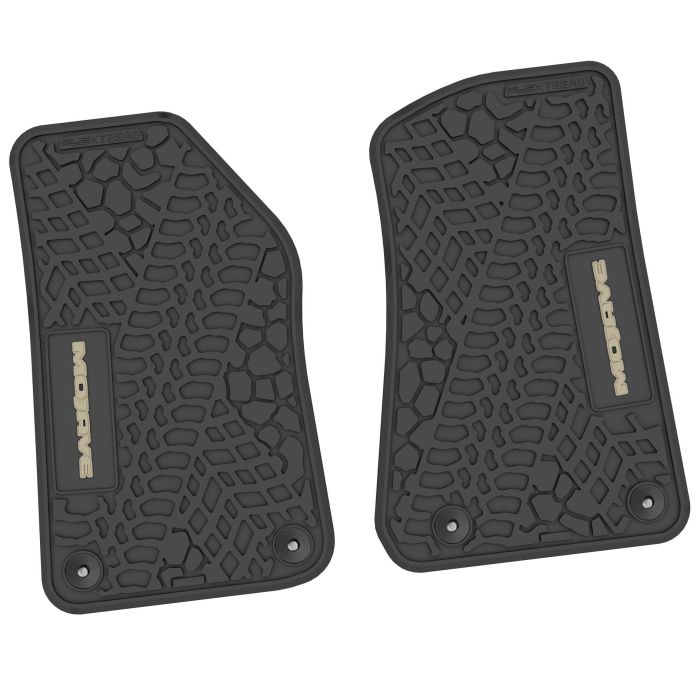 FlexTread  Tire Tread/Scorched Earth Scene Front Floor Liners with MOJAVE Logo for 18-24 Jeep Wrangler JL & Gladiator JT