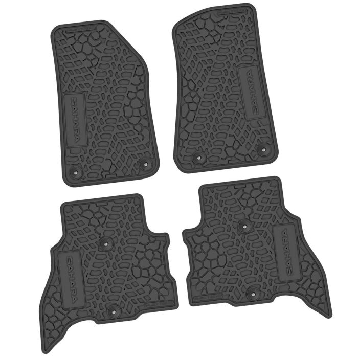 FlexTread  Tire Tread/Scorched Earth Scene Front & Rear Floor Liners with SAHARA Insert for 21-24 Jeep Wrangler JL Unlimited 4xe