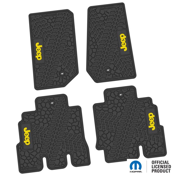 07-13 Jeep JKU 4 Dr Front and Rear -Tire Tread/Scorched Earth Scene w/ JEEP Insert - Black w/ Yellow Insert