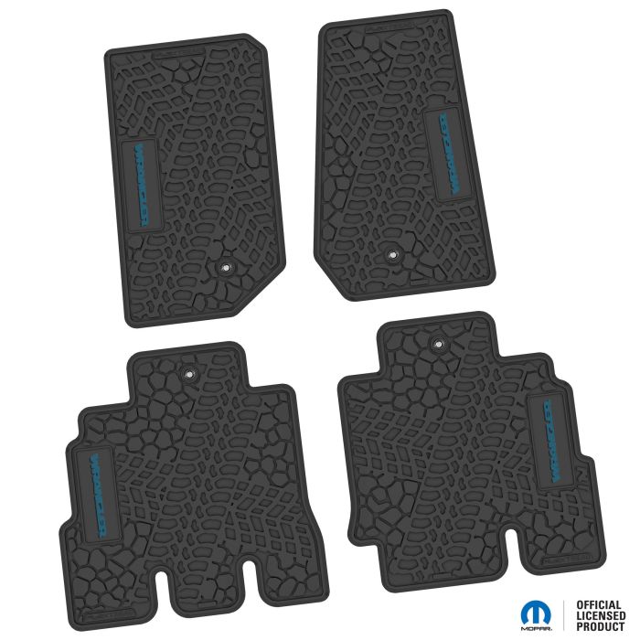 07-13 Jeep JKU 4 Dr Front and Rear -Tire Tread/Scorched Earth Scene w/ Wrangler Insert - Black w/ Dark Blue Insert