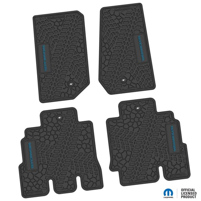 07-13 Jeep JKU 4 Dr Front and Rear -Tire Tread/Scorched Earth Scene w/ Wrangler Insert - Black w/ Dark Blue Insert