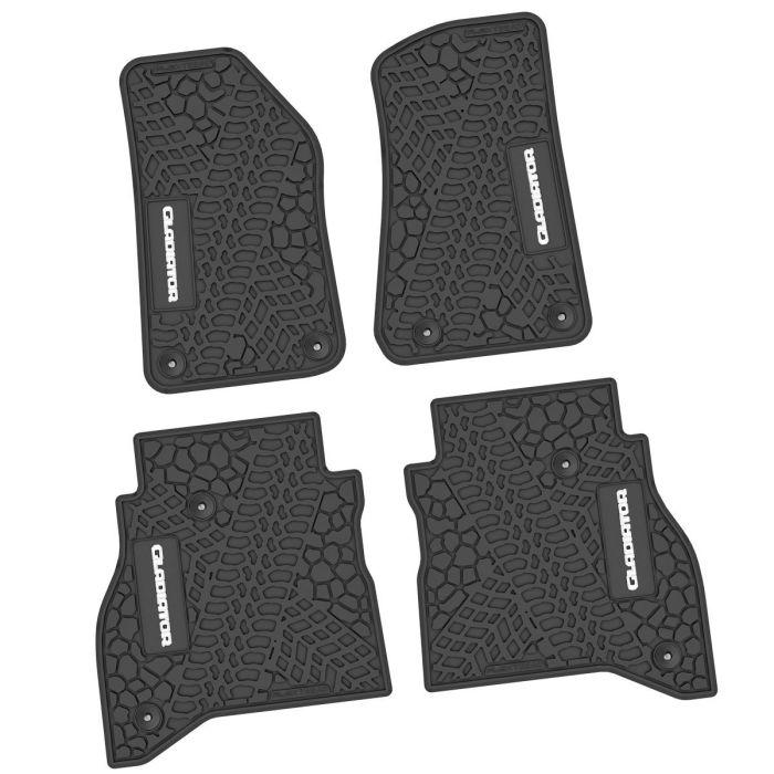 FlexTread  Tire Tread/Scorched Earth Scene Front & Rear Floor Liners with GLADIATOR Logo for 20-24 Jeep Gladiator JT