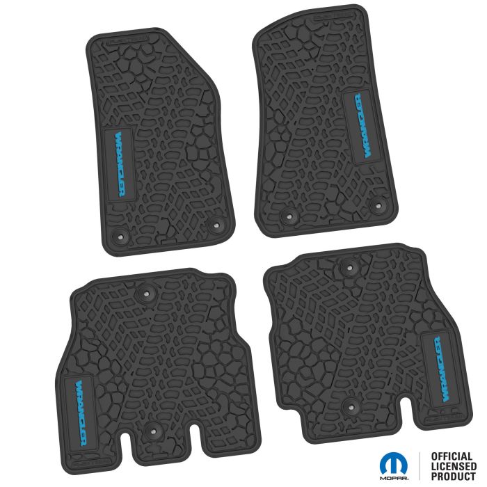 18-24 Jeep JLU 4 Dr Front and Rear -Tire Tread/Scorched Earth Scene w/ Wrangler Insert - Black w/ Light Blue Insert