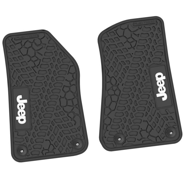 FlexTread  Tire Tread/Scorched Earth Scene Front Floor Liners with JEEP Logo for 18-24 Jeep Wrangler JL & Gladiator JT