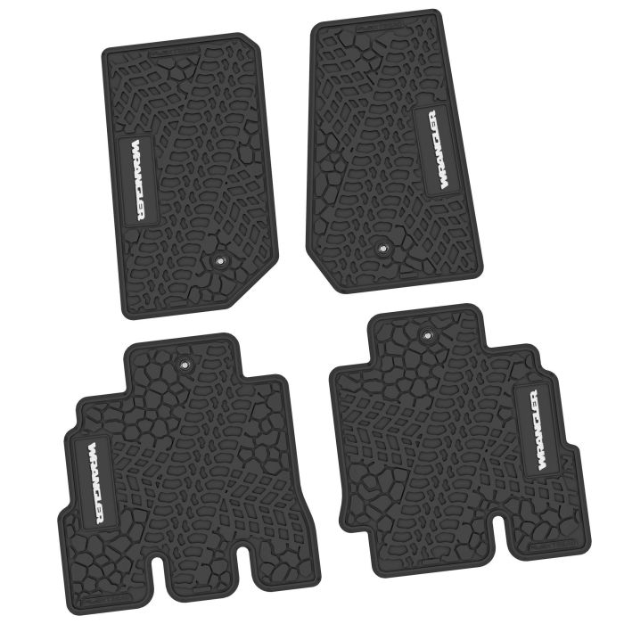 FlexTread  Tire Tread/Scorched Earth Scene Front & Rear Floor Liners with WRANGLER Logo for 07-18 Jeep Wrangler JK Unlimited 4-Door